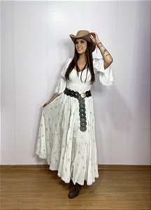 Saia longa boho chic estilo com 10 metros de roda Branco e Dourado