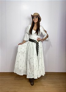 Saia longa boho chic estilo com 10 metros de roda Branco e Dourado