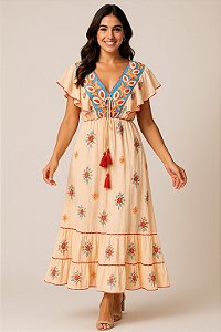 Vestido Longo Modelo Luxo Bordado Moda Indiana