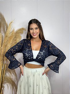 Bolero de Renda estilo Cigana com Manga Longa Azul Marinho
