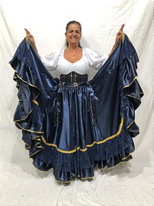Saia Cigana Azul Escuro Modelo 2 Babados com 14 metros de roda