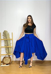 Saia Longa Estilo Boho Chic Modelo Pontas Moda Luxo Azul