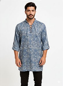 Bata Camisa Masculina Indiana Estampada Moda Boho Azul