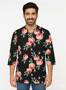 Bata Masculina Indiana Estampada Moda Boho Preta