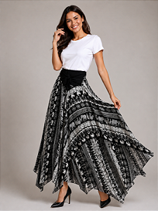 Saia Longa Estilo Boho Chic Modelo Pontas Estampada
