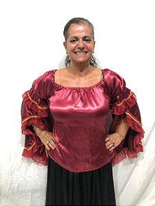 Blusa Estilo Ciganinha com Manga Longa Moda Cigana Vinho