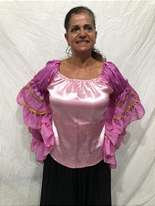 Blusa Estilo Ciganinha com Manga Longa Moda Cigana Rosa