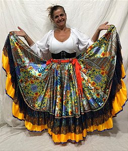 Saia Cigana Floral Primavera Modelo 2 Babados com 14 metros de roda