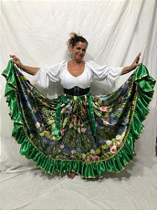 Saia Longa Cigana Modelo Verde Floral 1 Babado com 12 metros de roda