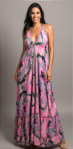 Vestido Longo Modelo Decote V nas Costas Moda Luxo Estilo Indiana