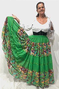 Saia Longa Cigana Modelo Patchwork com 12 metros de roda Verde