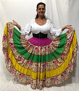 Saia Longa Cigana Modelo Patchwork com 12 metros de roda Verde