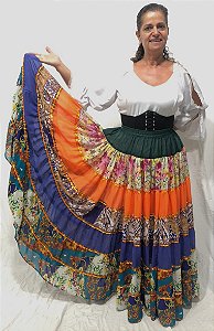 Saia Longa Cigana Modelo Patchwork com 12 metros de roda Laranja