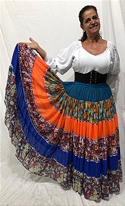 Saia Longa Cigana Modelo Patchwork com 12 metros de roda Laranja