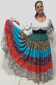Saia Longa Cigana Modelo Patchwork com 12 metros de roda Azul