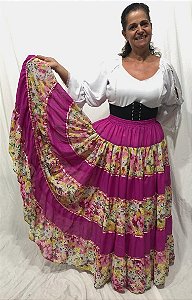 Saia Longa Cigana Modelo Patchwork com 12 metros de roda Rosa