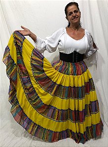 Saia Longa Cigana Modelo Patchwork com 12 metros de roda Amarelo