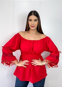 Blusa Modelo Ciganinha Ombro a Ombro Moda Luxo Vermelho