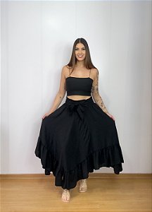 Saia Longa Estilo Boho Chic Modelo Pontas Moda Luxo Preta