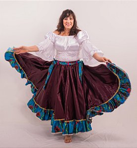 Saia Longa Cigana Modelo 1 Babado com 12 metros de roda Azul