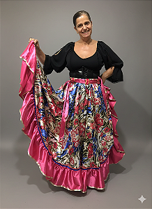 Saia Longa Cigana Modelo 1 Babado com 12 metros de roda Rosa