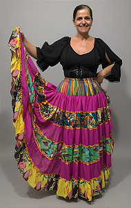 Saia Longa Cigana Modelo Patchwork com 12 metros de roda Rosa