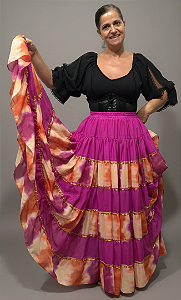 Saia Longa Cigana Modelo Patchwork com 12 metros de roda Rosa