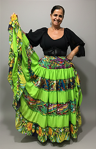 Saia Longa Cigana Modelo Patchwork com 12 metros de roda Verde Lima