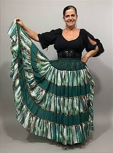 Saia Longa Cigana Modelo Patchwork com 12 metros de roda Verde