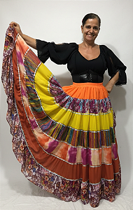 Saia Longa Cigana Modelo Patchwork com 12 metros de roda Laranja