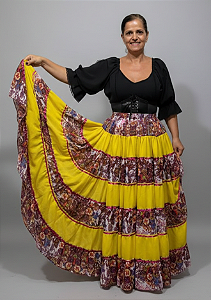 Saia Longa Cigana Modelo Patchwork com 12 metros de roda Amarelo