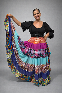 Saia Longa Cigana Modelo Patchwork com 12 metros de roda Azul