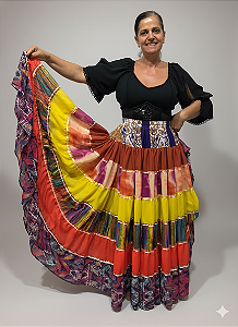 Saia Longa Cigana Modelo Patchwork com 12 metros de roda Amarelo