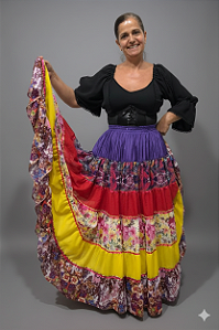 Saia Longa Cigana Modelo Patchwork com 12 metros de roda Vermelho