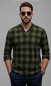 Bata Masculina Indiana Xadrez Moda Boho Verde Musgo