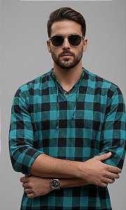 Bata Masculina Indiana Xadrez Moda Boho Verde