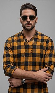 Bata Masculina Indiana Xadrez Moda Boho Amarelo