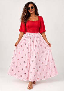 Saia Indiana Boho Chic Bordada - Rosa