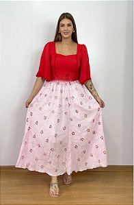 Saia Dança Carimbó Boho Chic Rosa Cigana Com Forro