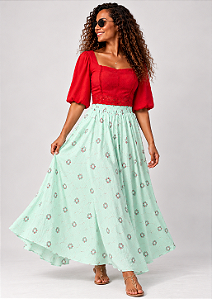 Saia Indiana Boho Chic Bordada - Verde