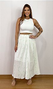 Saia Dança Carimbó Boho Chic Branca com Verde Cigana Com Forro