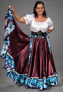 Saia Longa Cigana Modelo 1 Babado com 14 metros de roda Bordô