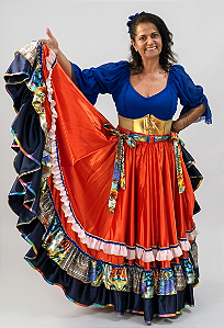 Saia Longa Cigana Modelo 2 Babados com 14 metros de roda Laranja