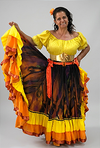 Saia Longa Cigana Modelo 2 Babados com 14 metros de roda Laranja