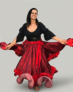 Saia Longa Cigana Modelo 2 Babados com 14 metros de roda Vermelha