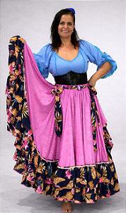 Saia Longa Cigana Modelo 2 Babados com 14 metros de roda Rosa