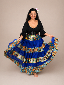 Saia Longa Cigana Modelo Patchwork com 12 metros de roda Azul Escuro