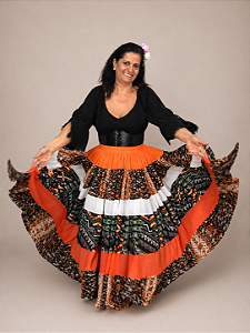 Saia Longa Cigana Modelo Patchwork com 12 metros de roda Laranja