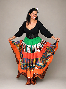 Saia Longa Cigana Modelo Patchwork com 12 metros de roda Laranja