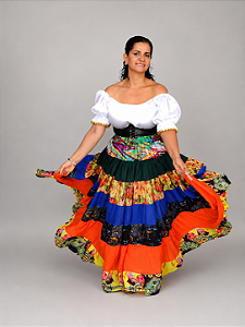 Saia Longa Cigana Modelo Patchwork com 12 metros de roda Laranja